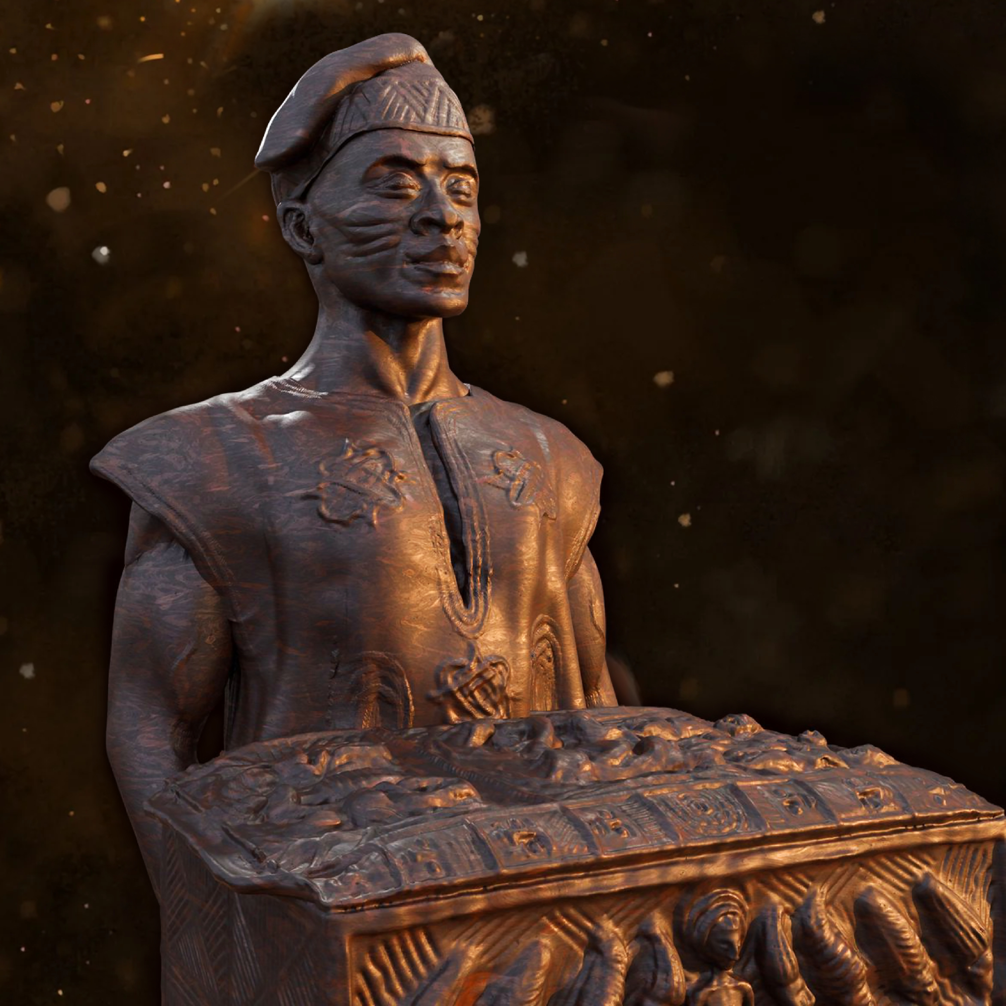 Sculpture of Ayo holding the carved Àpótí box